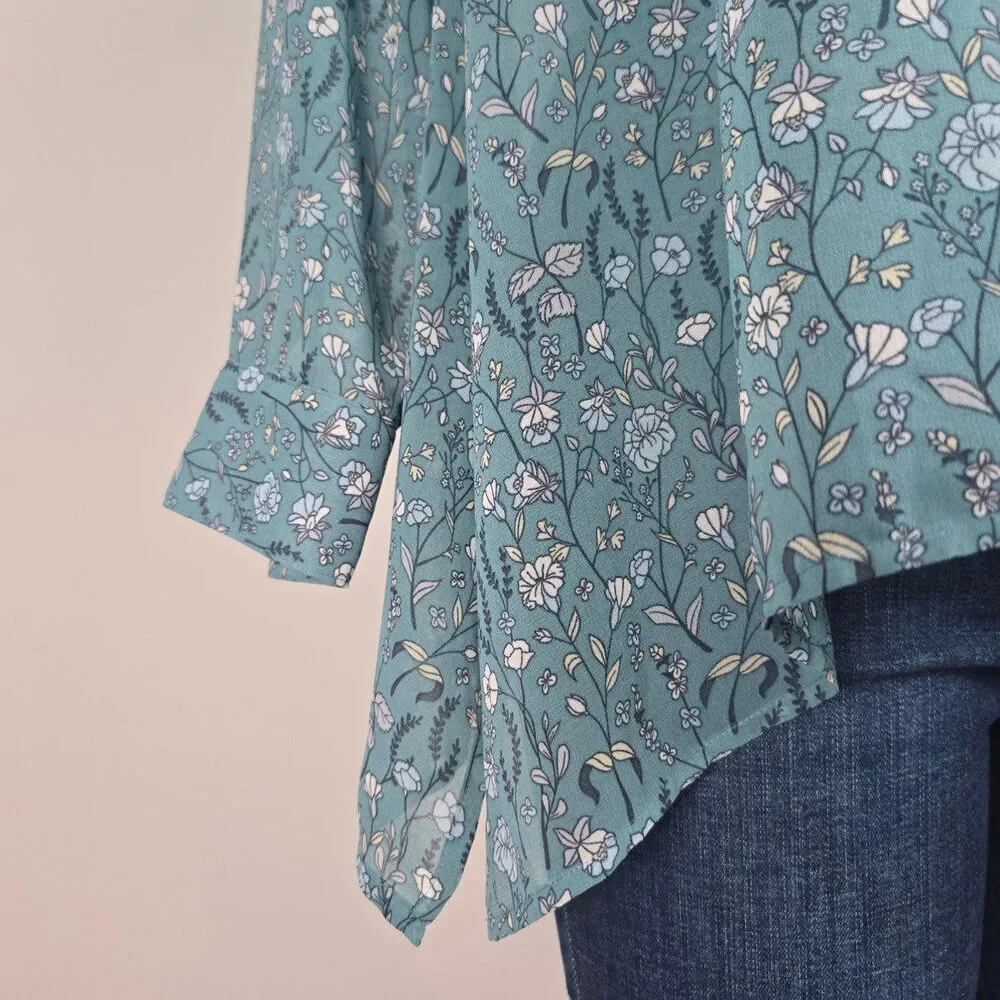 Cabi Blue Floral Sheer Collared High Low Blouse Top Size XS - Picture 4 of 9